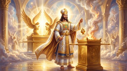 Obraz premium High priest in white ornate robe holds golden censer with incense offering in heaven. Biblical scene of Jesus as eternal mediator in temple with angel. Christian religious artwork concept.