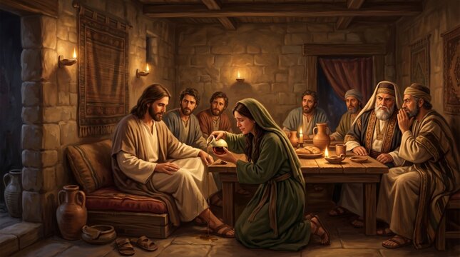 Woman anointing feet of Jesus in room with disciples. Biblical scene depicting devotion and humbleness. Ancient historical narrative art for religious education and spiritual theme.