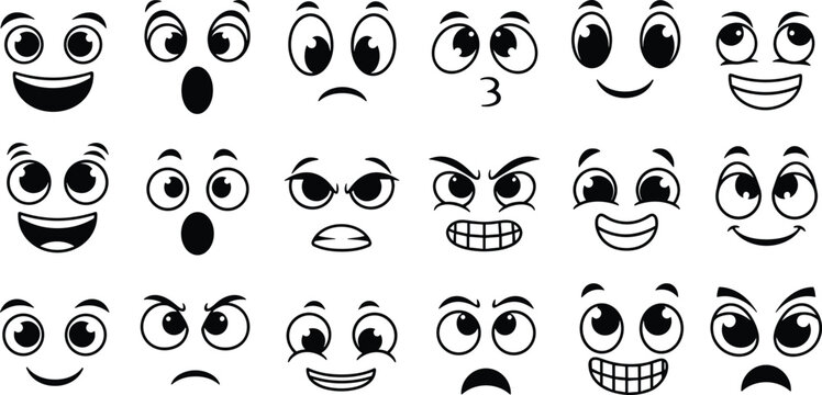 Cartoon facial expressions flat vector illustration featuring exaggerated eyes, mouths, emotions grid, happy sad angry surprised faces, communication design concept artwork