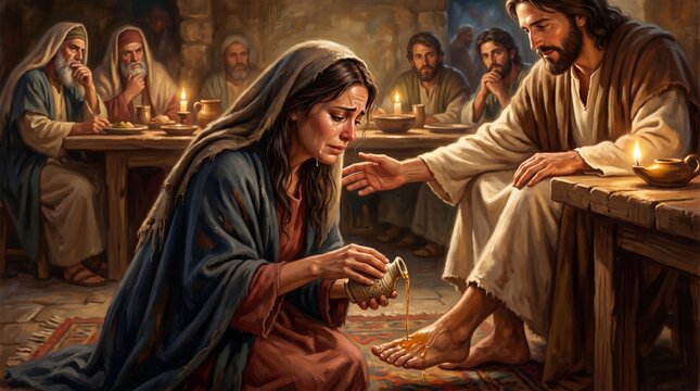 Woman weeping while pouring perfume on feet of Jesus in room with apostle. Biblical scene depicting repentance and devotion. Ancient middle eastern story of faith and forgiveness.