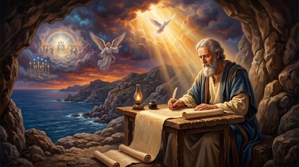 Obraz premium Saint John the Apostle writing the Book of Revelation. Elderly man with beard writing on scroll in cave. Biblical scene with angel, dove, rainbow and throne. Religious art concept.