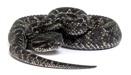 Obraz premium A coiled dark-colored snake with light markings on its scales