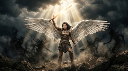 Obraz premium Warrior woman angel with wings holding sword in battle against dark shadows. Epic fantasy scene with divine light descending from sky. Supernatural heroic defender fighting evil forces.
