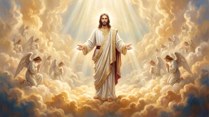 Obraz premium Jesus Christ standing in light with open arms surrounded by praying angels in clouds. Spiritual religious scene representing resurrection and salvation. Christian art for Easter holiday.