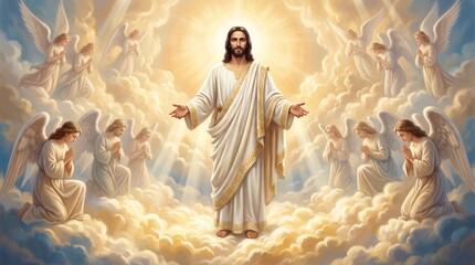 Obraz premium Jesus Christ standing with outstretched arms in heaven surrounded by praying angels. Divine light shining from above. Biblical scene depicting resurrection and salvation concept.