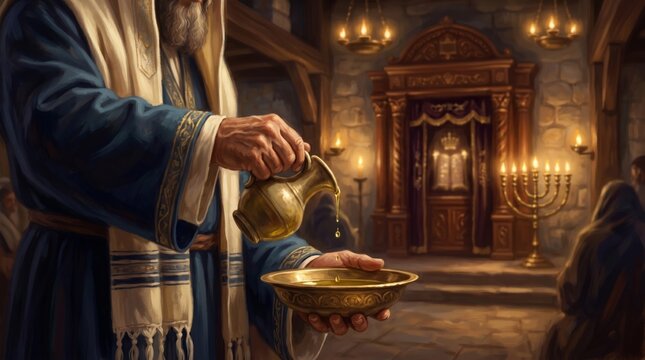 Jewish man pouring oil into a bronze bowl during a ritual ceremony in a synagogue. Religious tradition and worship service. Spiritual concept of anointing and ancient cultural practice.
