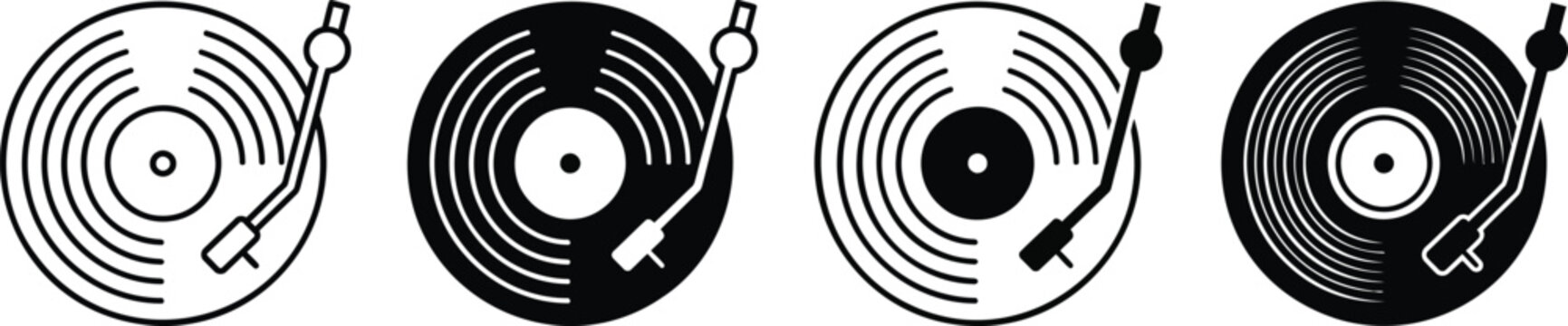 Set of four vinyl record player icons, flat vector illustration