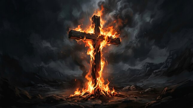 Wooden cross engulfed in flames under a dark stormy sky. Religious symbol burning in fire in a desolate landscape. Concept of faith, spiritual struggle, judgment and divine power.