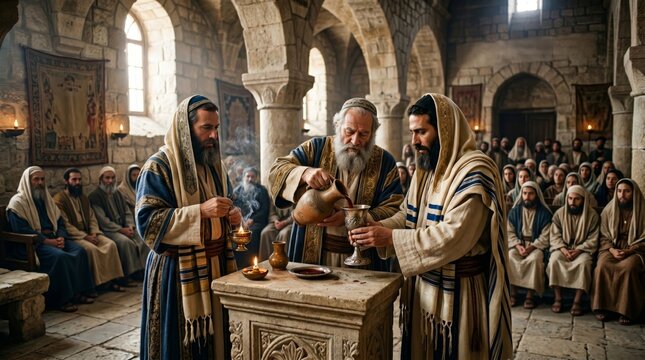 Priest and assistant performing wine ceremony in ancient temple. Religious leaders conducting ritual at stone altar while congregation watches. Holy tradition, faith, and spirituality.