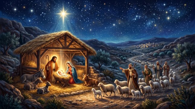 Nativity scene with holy family and shepherds at stable under starry sky. Jesus baby, Virgin Mary and Joseph in manger. Traditional Christian religious holiday Christmas art background.