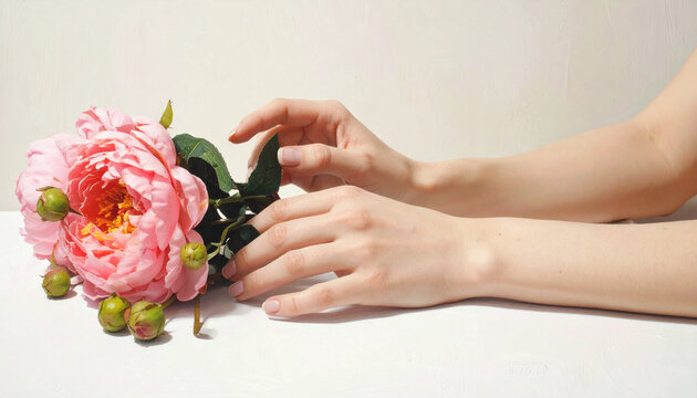Pink peony blossom with woman hands touching