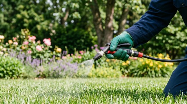 Gardener watering lawn with hose nozzle in backyard. Professional landscaper maintaining residential green grass. Irrigation system for plant hydration, spring gardening and yard care concept.