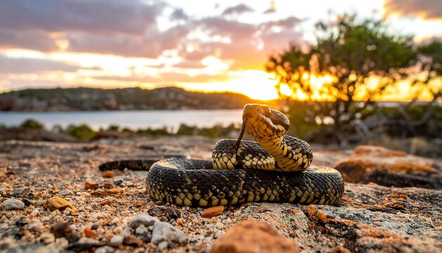 A coiled snake rests on a rocky beach at sunset