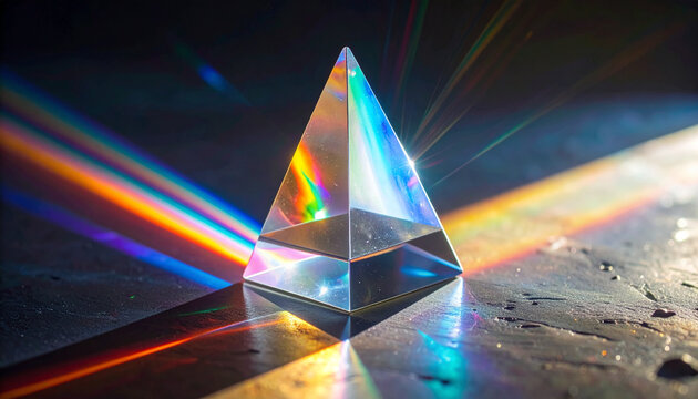 Prism dispersing light into rainbow spectrum