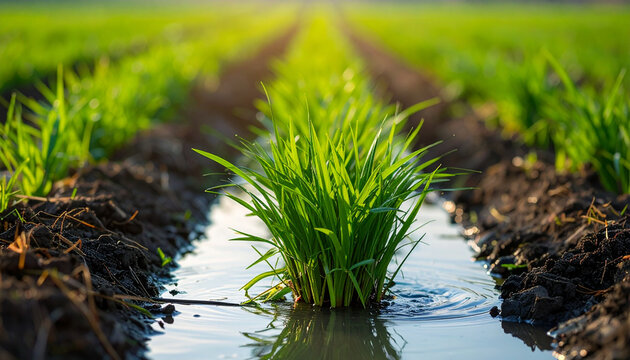 Rice seedling in waterlogged paddy field row