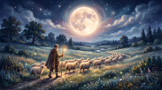Shepherd leading flock of sheep through flowery field during full moon night. Biblical scene of herdsman journeying at night. Traditional livestock farming and peaceful pasture life concept.