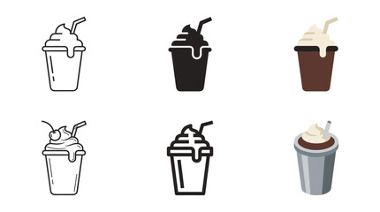 Obraz premium Milkshake cup icon set with outline silhouette flat chocolate cream cherry straw metal cup and isometric vector styles