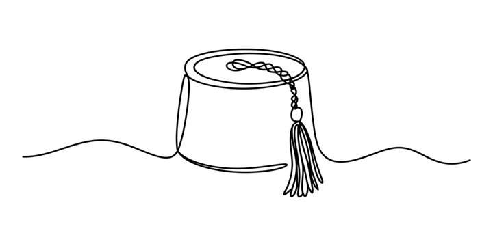 Continuous one line drawing of a traditional red fez hat with tassel