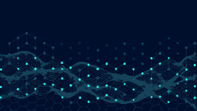 Abstract network pattern with connected nodes and wave like lines on a dark background