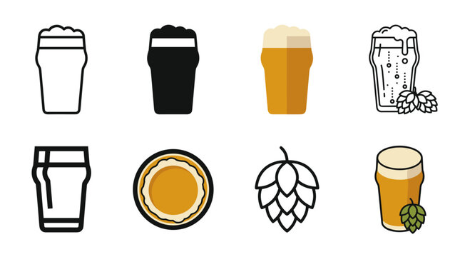 IPA beer pint glass icon set with outline silhouette flat amber hop cone top view and isometric vector styles
