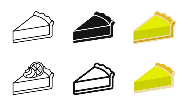 Key lime pie slice icon set with outline silhouette flat chartreuse filling cream garnish lime wheel and isometric vector styles