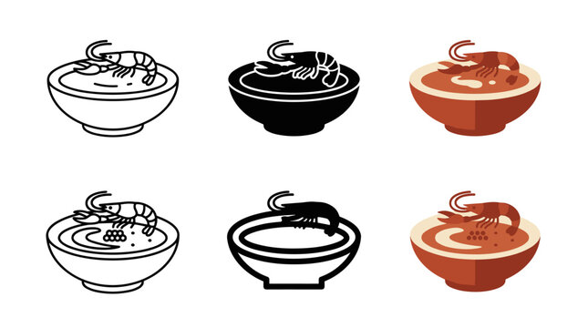 Seafood bisque bowl icon set with outline silhouette flat terracotta shrimp garnish caviar cream swirl and isometric vector styles