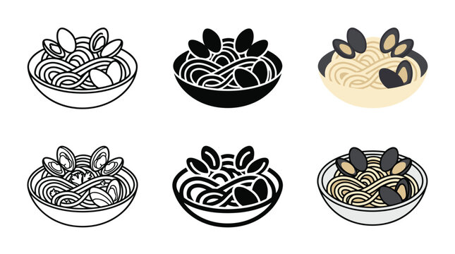 Linguine alle vongole icon set with outline silhouette flat clam shell pasta noodle bowl and isometric vector styles