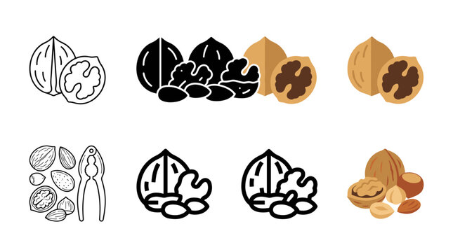 Walnut and mixed nut icon set with outline silhouette flat cracked shell almond hazelnut nutcracker and isometric vector styles