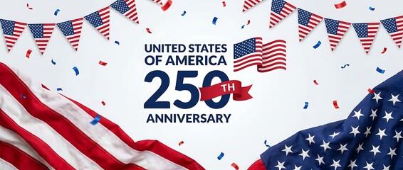 Obraz premium United states of america celebrates 250th anniversary with patriotic decorations and waving flags.