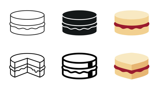 Victoria sponge cake icon set with outline silhouette flat jam layer cross section and isometric vector styles