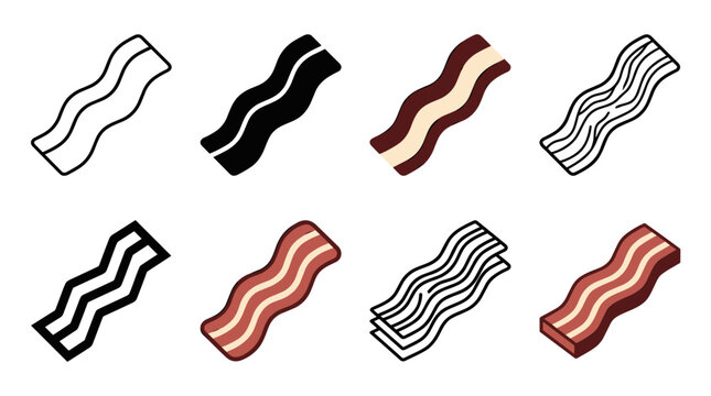 Bacon strip icon set with outline, silhouette, flat color, marbled and isometric vector styles