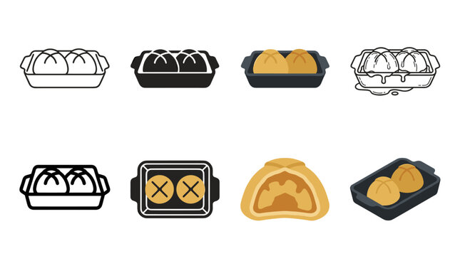 Apple dumpling baking pan icon set with outline, silhouette, cross section and isometric vector styles