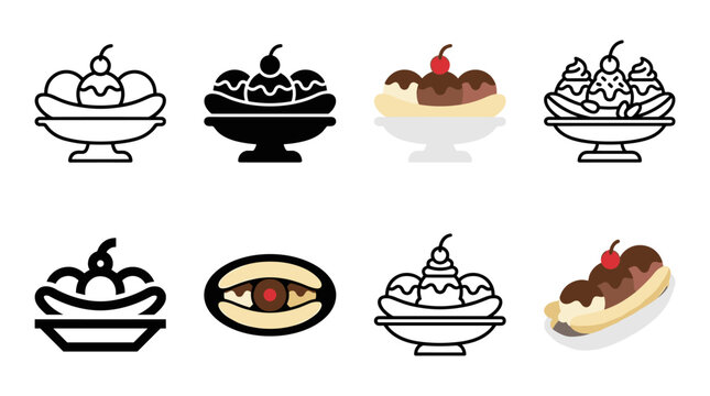 Banana split ice cream icon set with outline silhouette flat color cherry topping and isometric vector styles