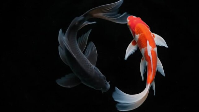 Two vibrant koi fishes, red and white koi and black fish swimming in dark, empty space, circular motion