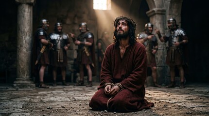 Obraz premium Jesus Christ wearing crown of thorn kneeling with bound hand in front of Roman soldier. Scene of biblical passion of Christ. Cinematic religious historical drama concept for Easter.