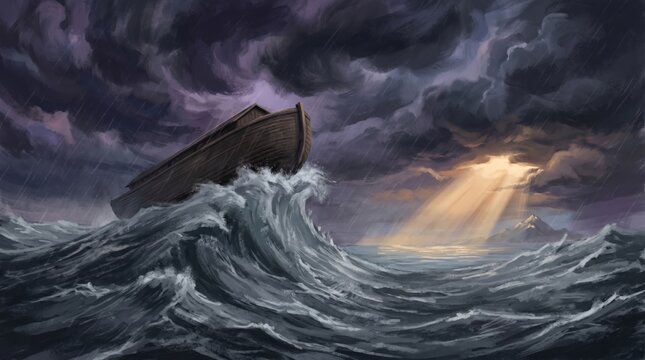 Noah ark sailing on rough sea during storm. Wooden ship in big waves with rain and dark cloud. Religious story about salvation and hope with god light beaming from heaven sky.