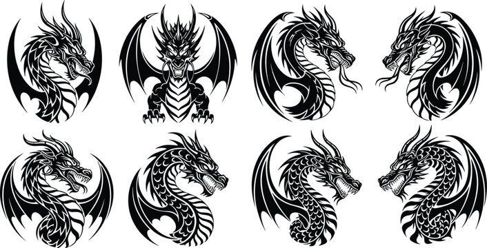Dragon tattoo and fantasy creature silhouettes, mythical beast and power concept, tribal and ornamental design, strength and legend theme, black and white flat vector illustration