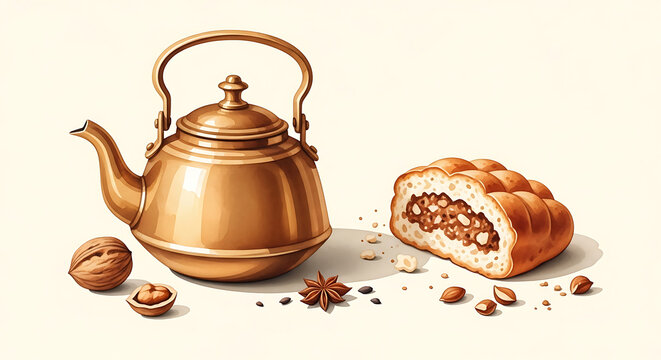Brass teapot with a sliced nut bread loaf and walnuts on ivory paper