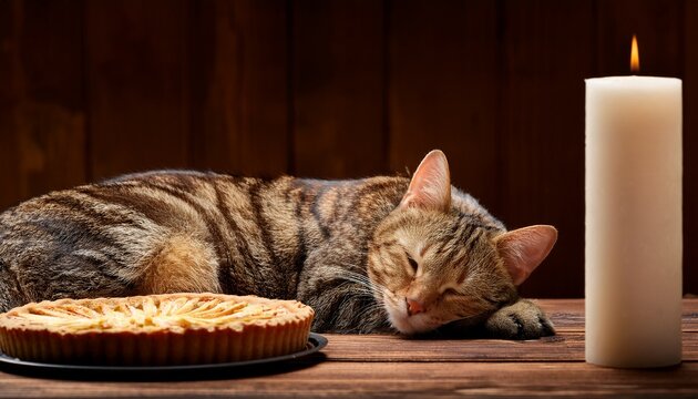 tabby cat napping near apple pie and candle on wooden table
