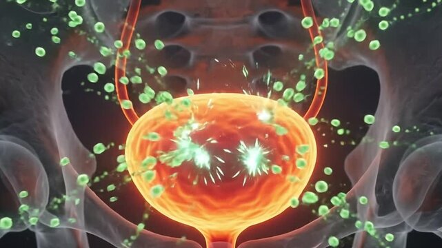 3D medical illustration of human urinary bladder pain with intense glowing red inflammation aura representing
