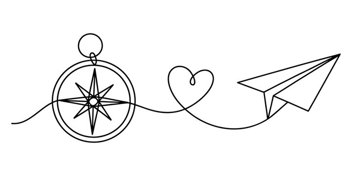 Continuous line drawing of a travel compass and a paper plane with heart