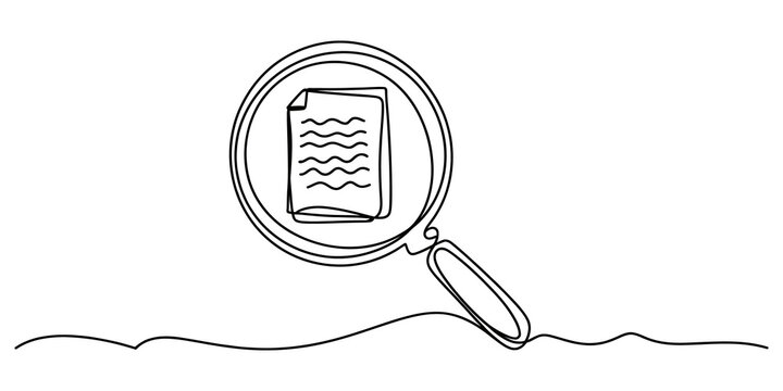Continuous single line drawing Magnifying glass looking at a document paper page sketch