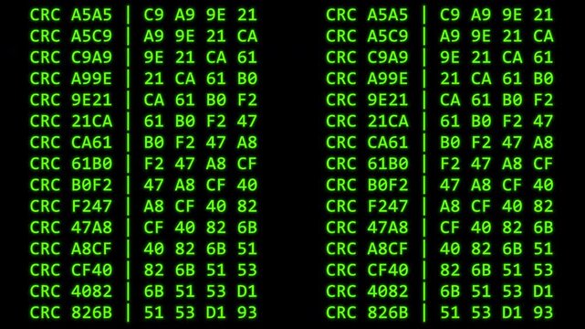 Green Tech Random Text CRC Checksum and Hexadecimal Data Code on Black Background for Terminal Verification Interface