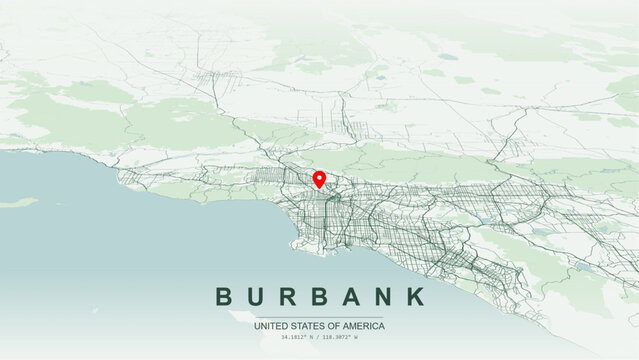 Modern minimalist vector map of Burbank, California, USA. High-quality scalable illustration of Burbank city grid, Interstate 5 Golden State Freeway for posters design.