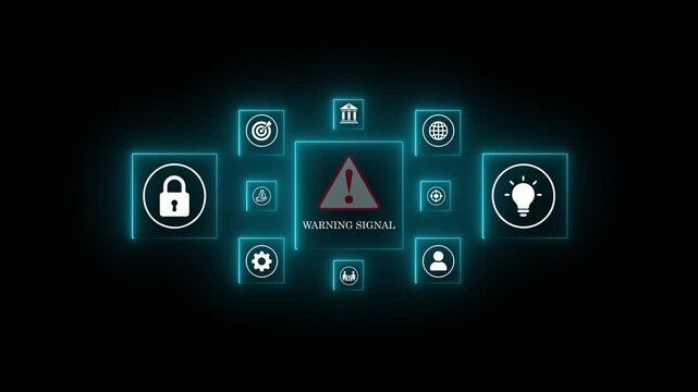 warning signal warning. cyber security concept. Woman using laptop, warning sign for scams with icons representing online threats, phishing. Unknown person, Motion graphics .4k animation video