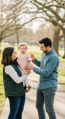Obraz premium Happy family of three, parents holding their baby daughter outdoors, symbolizing love, connection, and cherished moments