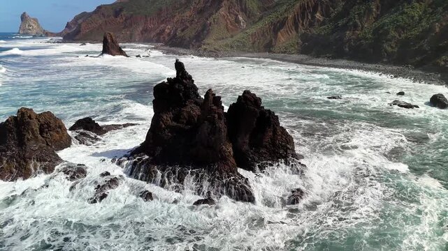 Aerial view of waves crashing against rocks, Roque de las Bodegas, Tenerife