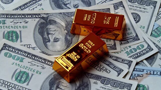 On a smooth surface, gleaming gold bars shine brightly surrounded by a lavish arrangement of crisp hundred-dollar bills, showcasing an enticing world of riches