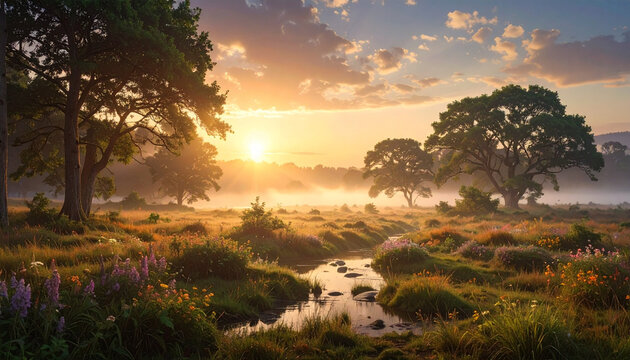 River flows through meadow at misty sunrise