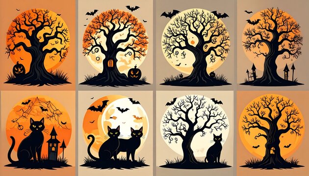 A collage of eight Halloween-themed silhouettes featuring trees, cats, and moons